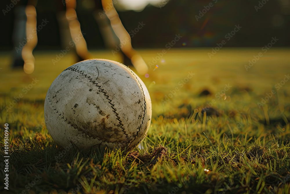 Polo ball sitting on grassy field, faint hints of mallet and horse hooves blurred in the background.