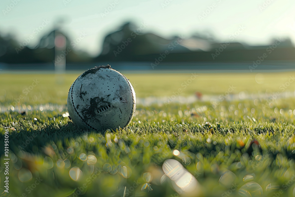 White polo ball on short grass with dirt patches, blurred action of mallet and horse in background.