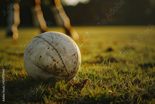 Obraz na płótnie Polo ball sitting on grassy field, faint hints of mallet and horse hooves blurred in the background. w salonie