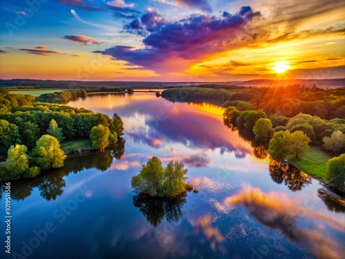 Wallpaper Mural Vibrant sunset over tranquil lake with silhouettes of trees reflecting on calm water surface Torontodigital.ca