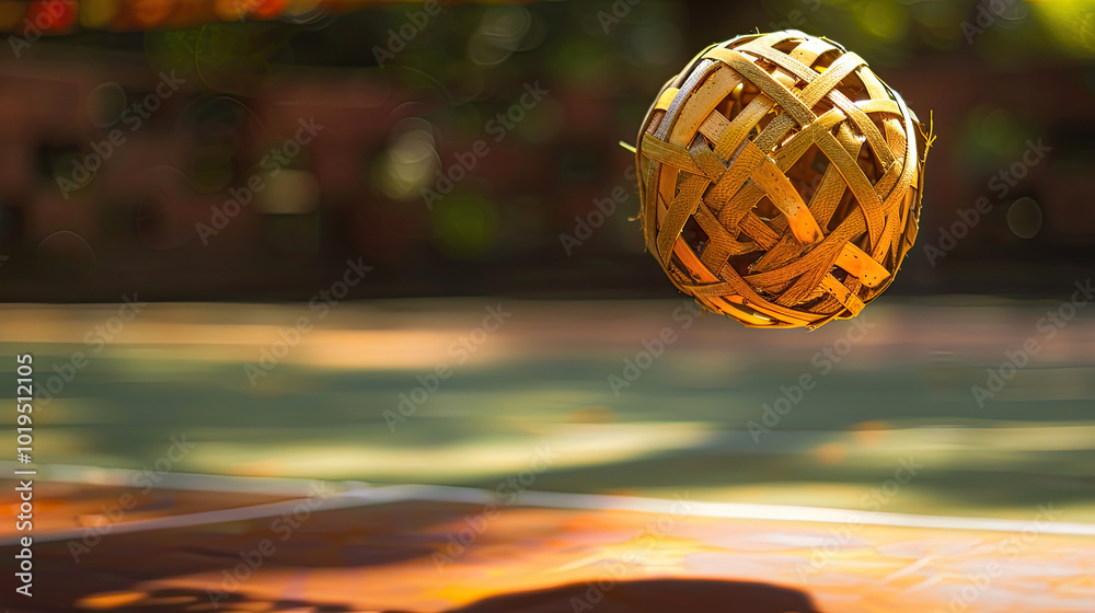 Intricately woven sepak takraw ball mid-air, sunlight creating highlights, traditional court backdrop.