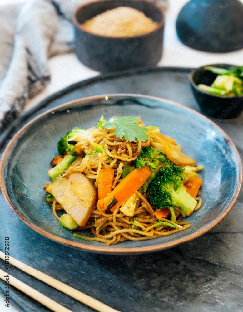 Vegetarian Noodle Stir-Fry with Fresh Vegetables and Soy Ginger Sauce, Served in a Modern, Bright and Minimalist Restaurant Setting Vegetarian Noodle Stir-Fry with Fresh Vegetables and Soy Ginger Sauce, Served in a Modern, Bright and Minimalist Restaurant Setting