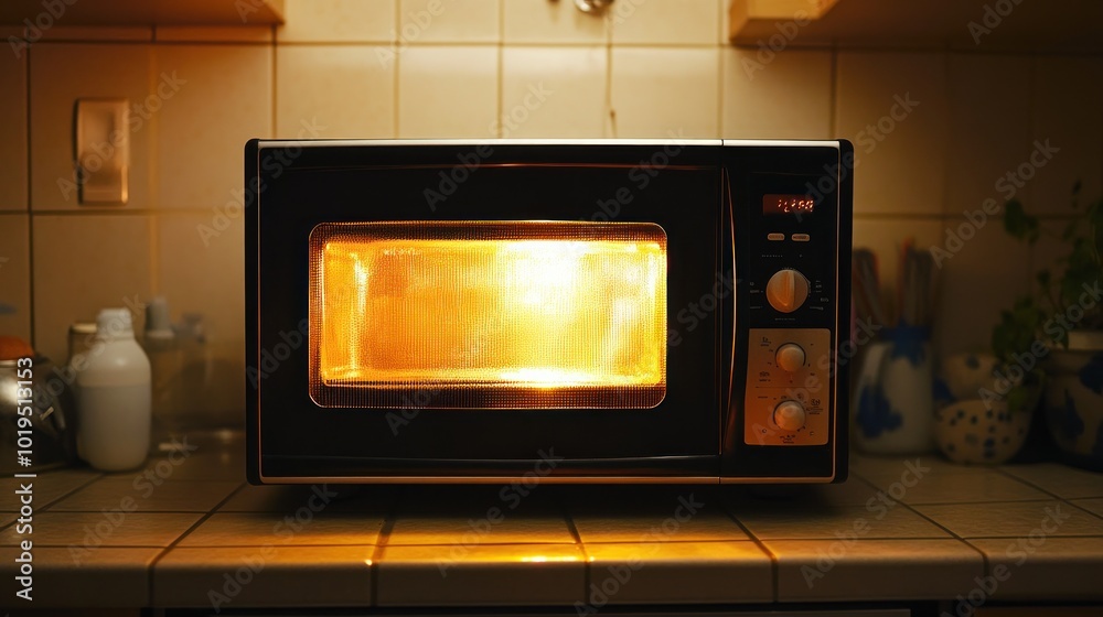 Black Microwave With Illuminated Interior In Kitchen Black Microwave With Illuminated Interior In Kitchen