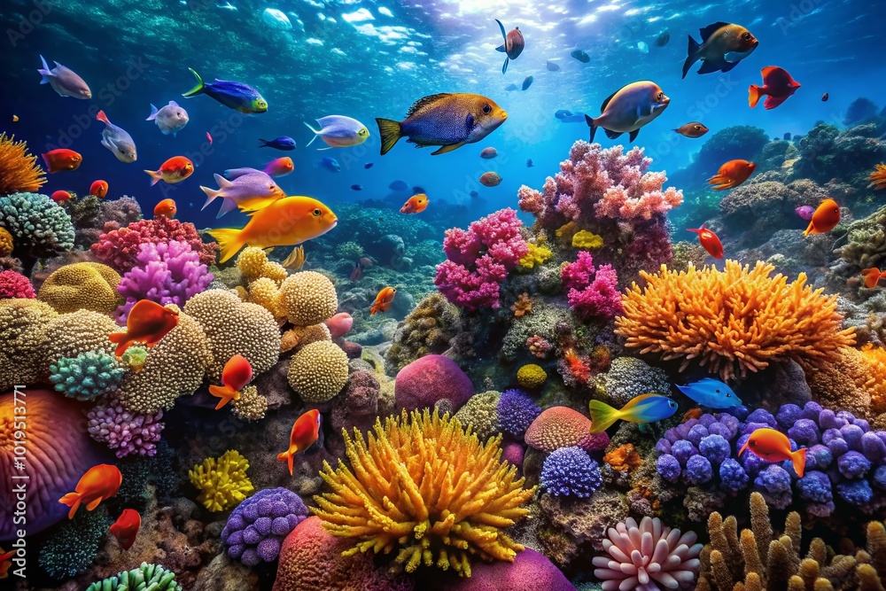 Naklejka premium Vibrant Underwater Scene Featuring Colorful Marine Life and Coral Reefs in the Ocean Depths