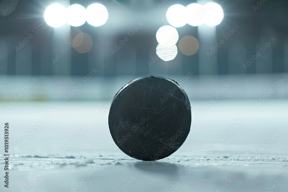 Matte black hockey puck with scratches, gliding on ice, blurred goalposts and boards, bright lights.