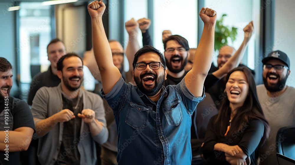 A diverse group of happy colleagues celebrate a success in the office. A diverse group of happy colleagues celebrate a success in the office.