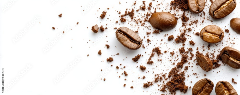 Scattered coffee beans and grounds on white background, copy space, blank space Scattered coffee beans and grounds on white background, copy space, blank space
