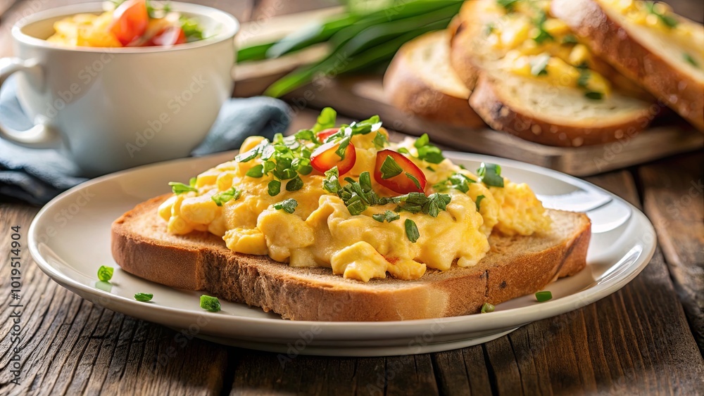 Scrambled Eggs on Toasted Bread with Herbs and Slices of Tomato on a White Plate Scrambled Eggs on Toasted Bread with Herbs and Slices of Tomato on a White Plate