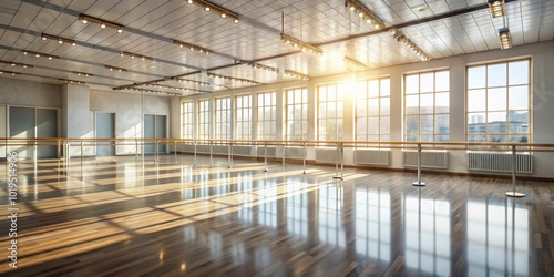 Empty ballet dance hall with large mirrors and sunlight streaming in through windows, Ballet, dance, hall, mirrors