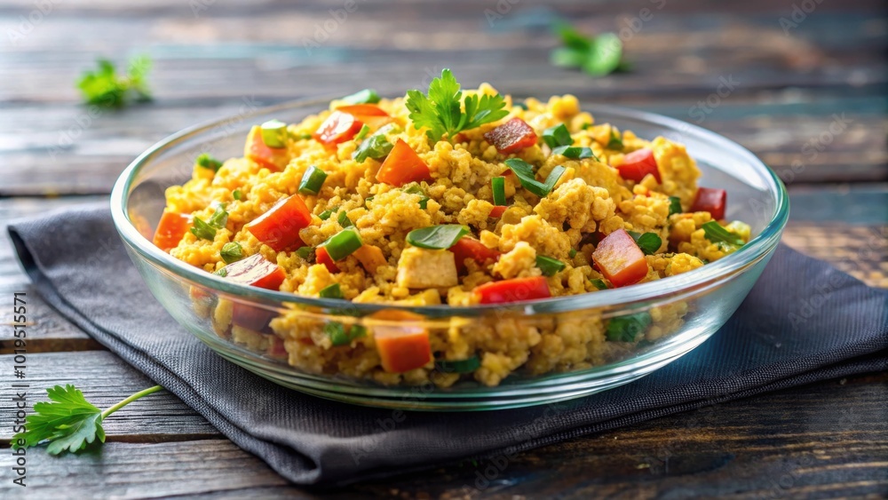Paneer Bhurji served on a glass dish , Indian cuisine, vegetarian, scrambled paneer, spices, dish, food, delicious