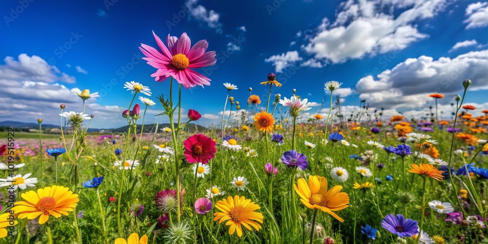 Vibrant Wildflowers Blooming in a Lush Green Meadow Under a Clear Blue Sky During Spring Vibrant Wildflowers Blooming in a Lush Green Meadow Under a Clear Blue Sky During Spring