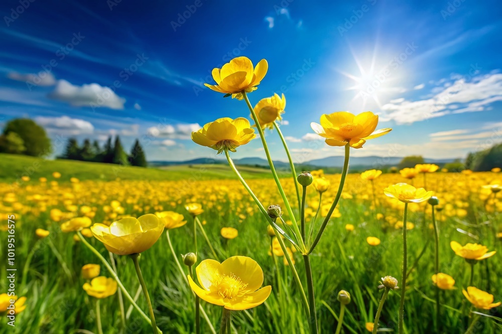 Obraz premium Vibrant Yellow Buttercup Flowers Blooming in a Sunny Green Meadow Under Clear Blue Sky