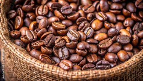 Close up of a pack filled with aromatic coffee beans , coffee, beans, pack, close up, detail, texture, background, freshness