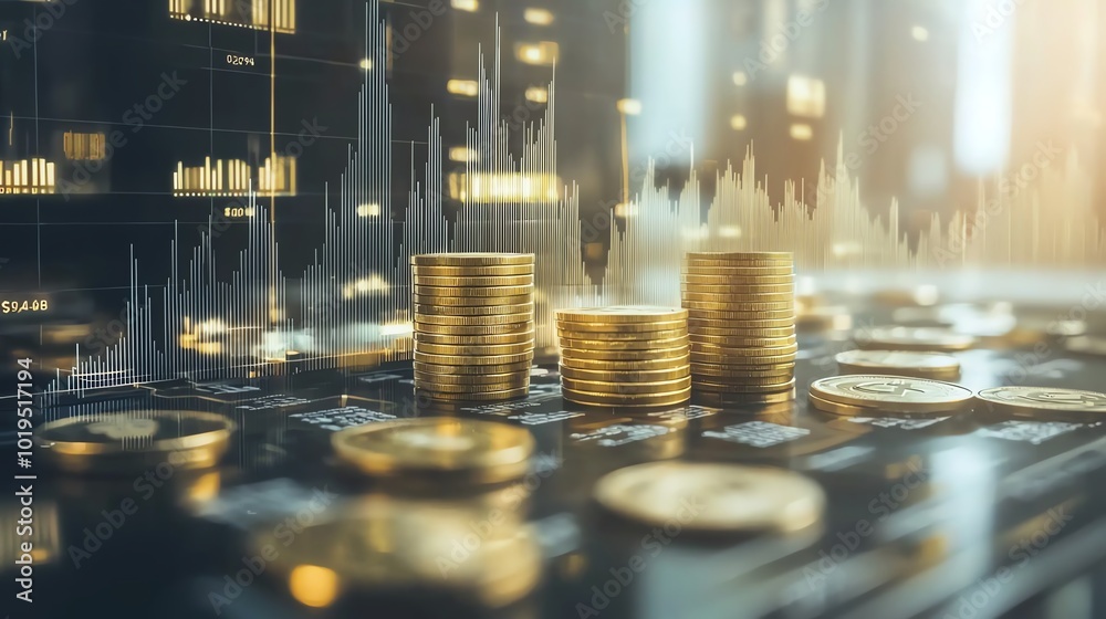 Stacks of shiny coins over a digital financial chart, symbolizing growth and investment.