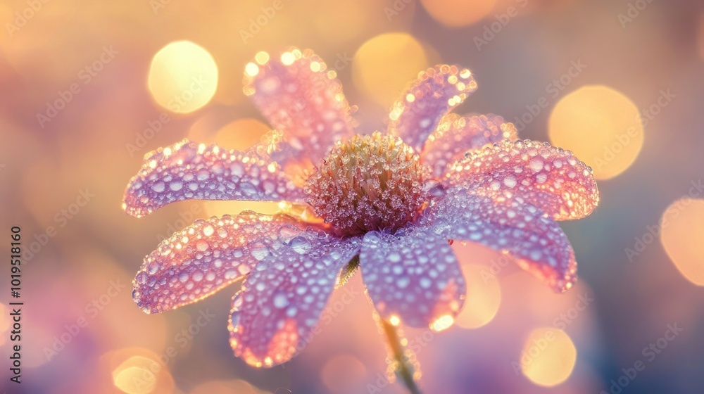 Delicate Pink Flower with Dew Drops in Soft Golden Light Delicate Pink Flower with Dew Drops in Soft Golden Light