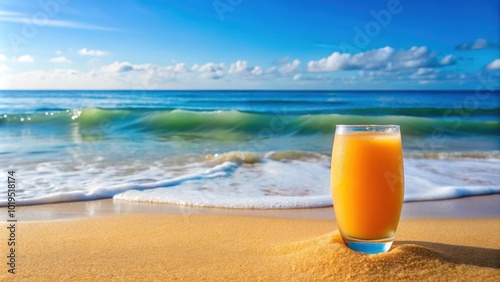 Refreshing orange juice sitting on the sandy beach with ocean waves in the background, beach, summer, drink, healthy