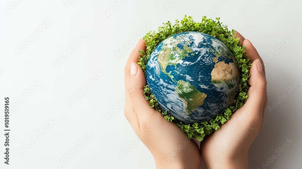 Hands cradling a globe surrounded by green foliage. Hands cradling a globe surrounded by green foliage.