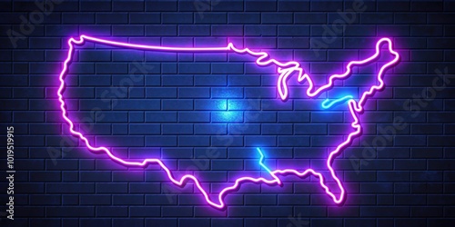 Neon glowing USA map with shiny outline , USA, United States, America, neon, glowing, light, map, outline, creative