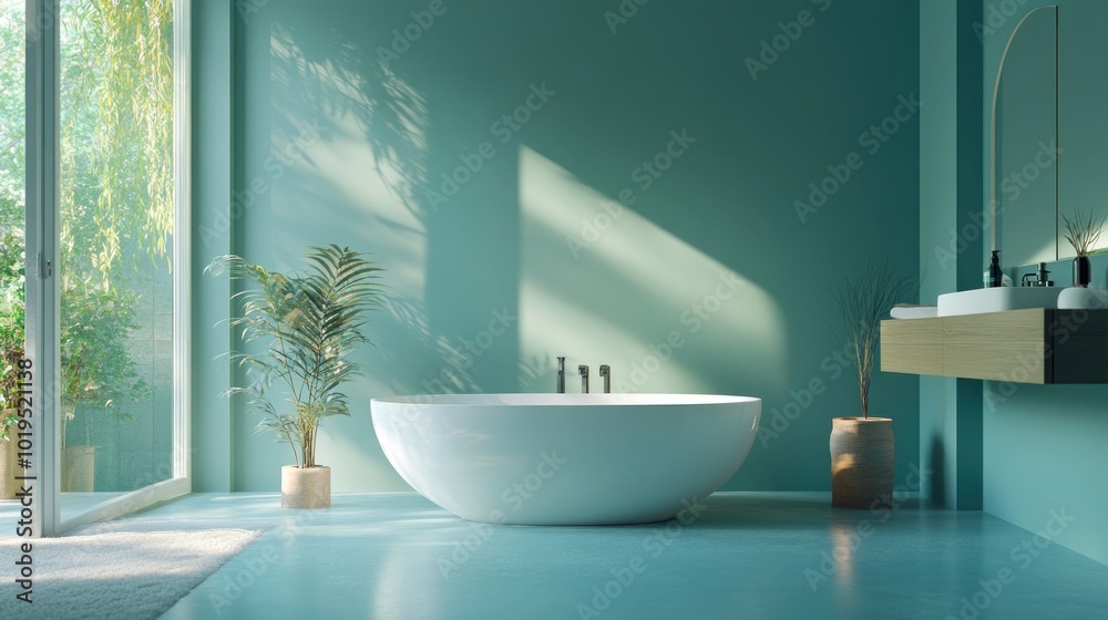 Modern Bathroom with Bathtub and Green Walls Modern Bathroom with Bathtub and Green Walls
