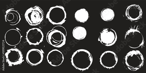Grunge Circle Brush Strokes - 18 Unique Abstract Ink Ring Designs in White on Black Background