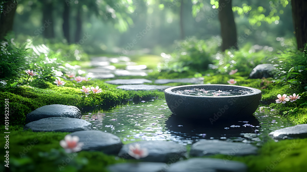 Tranquil Stone Basin in a Lush Forest Illustration Tranquil Stone Basin in a Lush Forest Illustration
