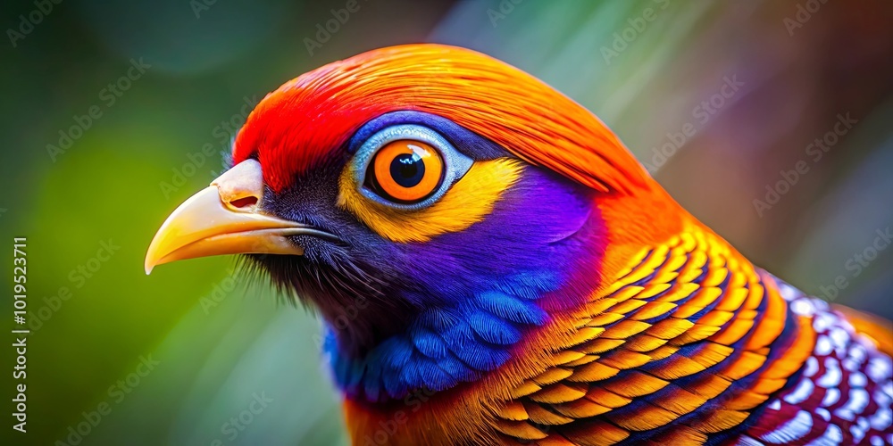 Fototapeta premium A vibrant bird with intricate plumage, showcasing a mesmerizing blend of crimson, azure, and golden hues, its sharp gaze captivating the viewer.