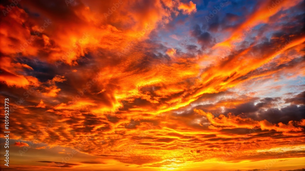 Fototapeta premium Fiery orange sunset sky with clouds , sunset, orange, sky, dramatic, vibrant, beautiful, dusk, evening, colorful