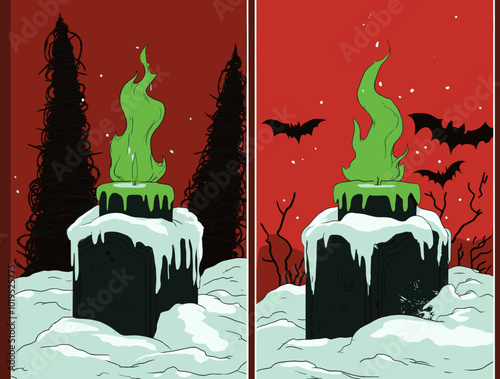 Mysterious snow-covered gravestone with glowing green flame and bats flying against blood-red sky – eerie and supernatural winter horror landscape