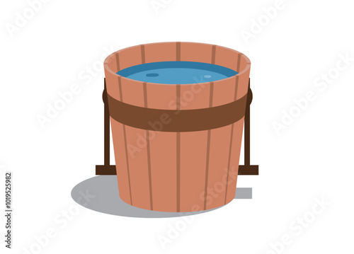 Wooden water bucket. Water basin. Simple flat illustration.