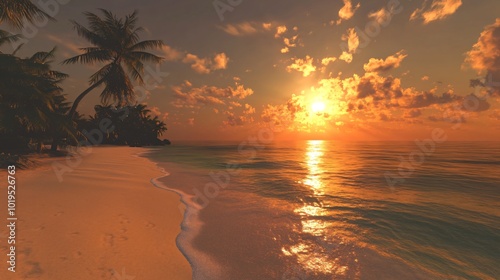 A beautiful sunset over a tropical beach with palm trees in the foreground. The sky is filled with clouds that are lit up by the setting sun.