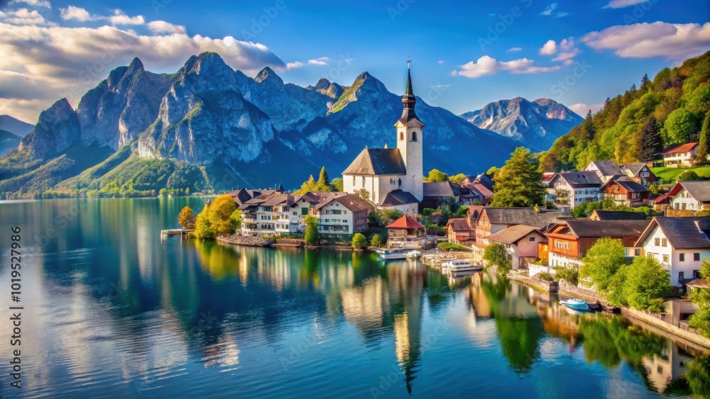 Scenic village of Traunkirchen on Lake Traunsee in the Salzkammergut region , Austria, village, Traunkirchen Scenic village of Traunkirchen on Lake Traunsee in the Salzkammergut region , Austria, village, Traunkirchen