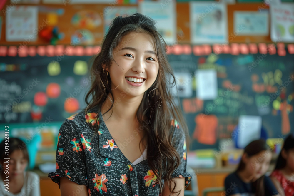 A young Asian woman teacher stands in a vibrant classroom with students, her joyful smile expressing her passion for education A young Asian woman teacher stands in a vibrant classroom with students, her joyful smile expressing her passion for education