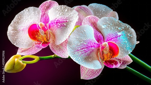 Beautiful close up of pink and white orchids with water droplets, showcasing their delicate petals and vibrant colors. flowers exude elegance and freshness, perfect for floral arrangements