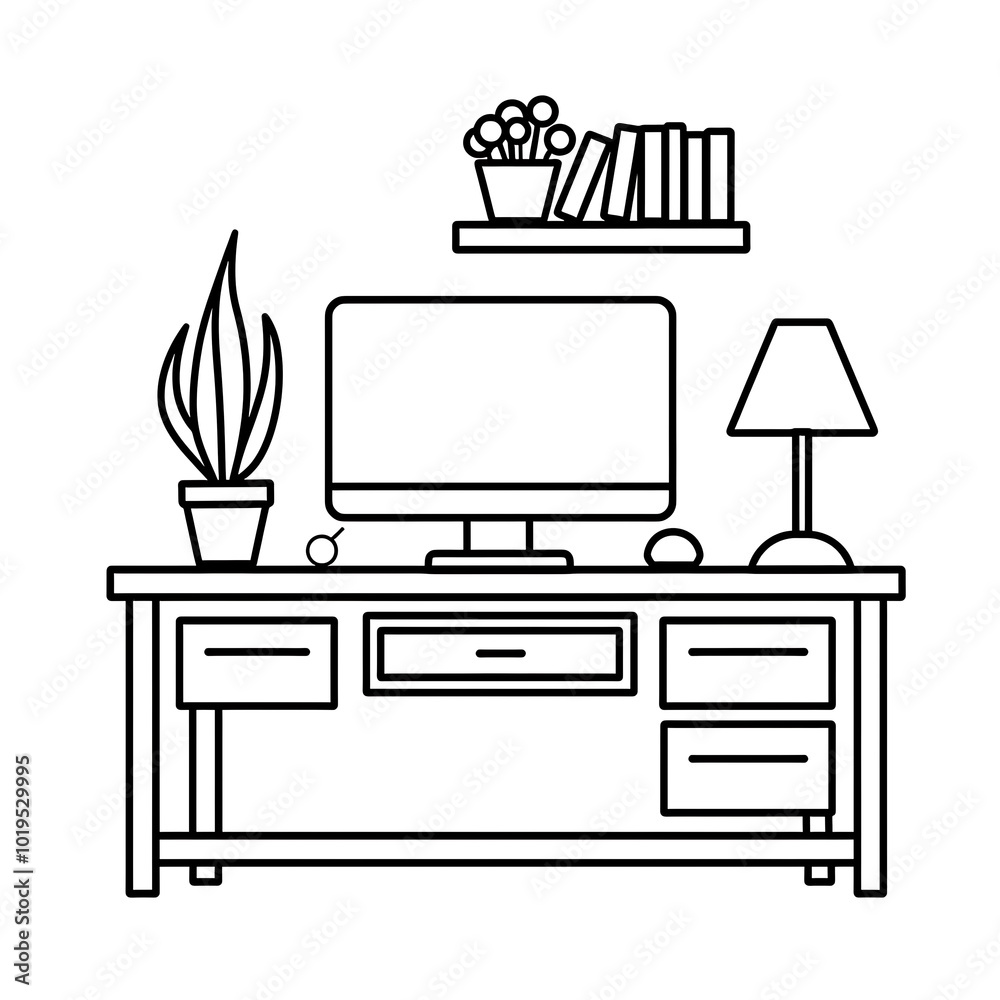 desk with desktop computer and houseplant desk with desktop computer and houseplant