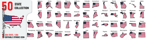 50+ USA Flag State Outline editable stroke icon, also includes New York, Pennsylvania, Rhode Island, South Carolina, South Dakota, Tennessee, Texas, Vector outline of 50 states with their names
