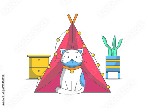 Kitten is in the tent. Cats illustration. Flat vector illustration.