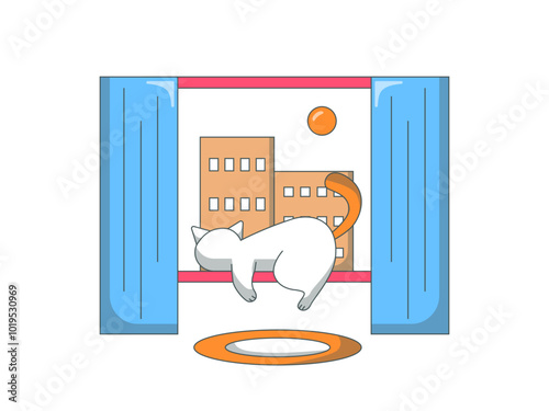 Cat is at the window. Cats illustration. Flat vector illustration.