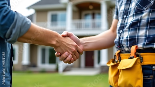 Home renovation agreement handshake between homeowner and contractor