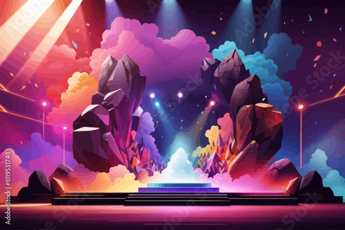 A huge rock stage with smoke filled stage illuminated by a spectrum of color