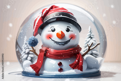 a super cute smiling snowman with a red scarf and hat in the middle of a 3d snow globe