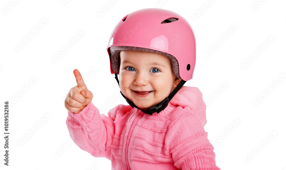Smiling little child, wearing a helmet, pointing at something isolated on transparent background Smiling little child, wearing a helmet, pointing at something isolated on transparent background