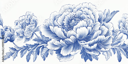 Fototapeta Naklejka Na Ścianę i Meble -  Blue and white porcelain style peony flower, generative AI