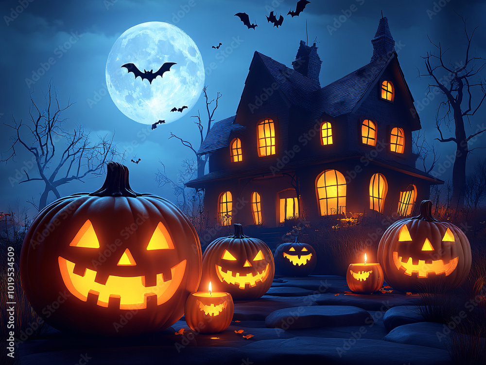 a Halloween scene with a lit jack-o'-lantern in front of a spooky house, surrounded by smaller pumpkins with candles. a Halloween scene with a lit jack-o'-lantern in front of a spooky house, surrounded by smaller pumpkins with candles.