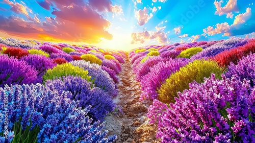 Breathtaking lavender fields at sunset create vibrant landscape filled with colorful blooms. warm hues of sky enhance beauty of nature, evoking sense of tranquility and wonder