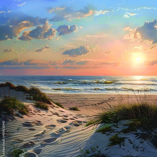 Fototapeta Naklejka Na Ścianę i Meble -  Baltic sea coast at sunset. Landscape with dunes.