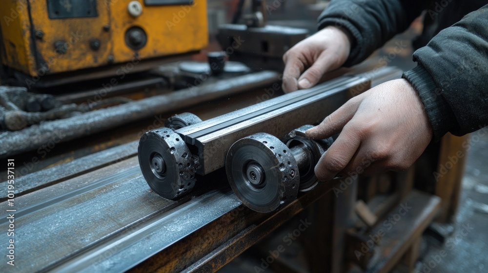A worker's hands are shown holding a metal bar with four wheels attached to it, likely part of a machine. A worker's hands are shown holding a metal bar with four wheels attached to it, likely part of a machine.