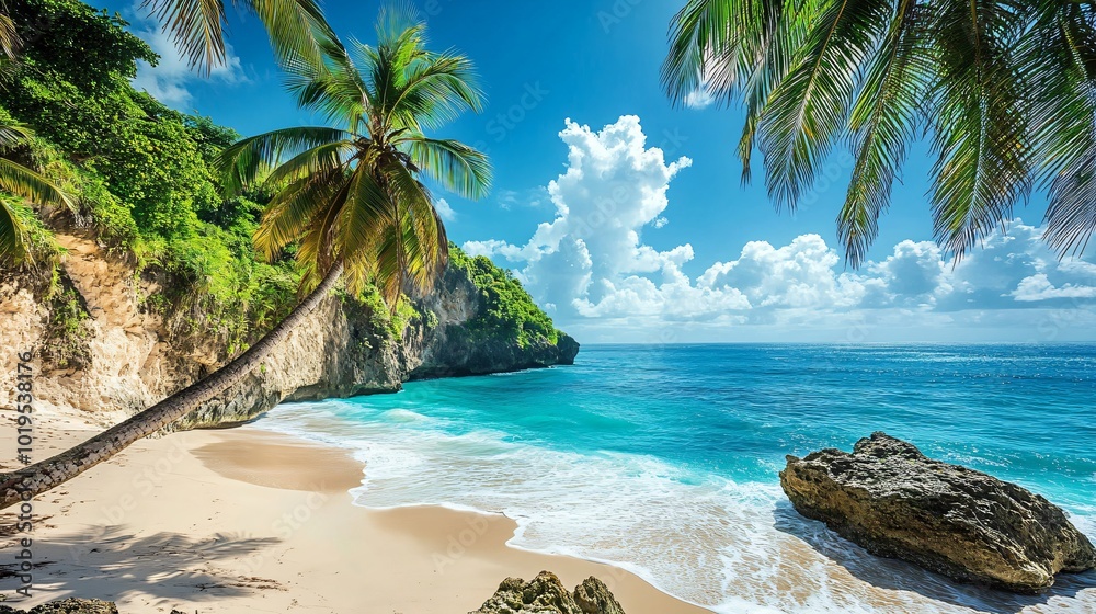 A palm tree overhangs a white sand beach with a blue ocean and a bright sky. A palm tree overhangs a white sand beach with a blue ocean and a bright sky.
