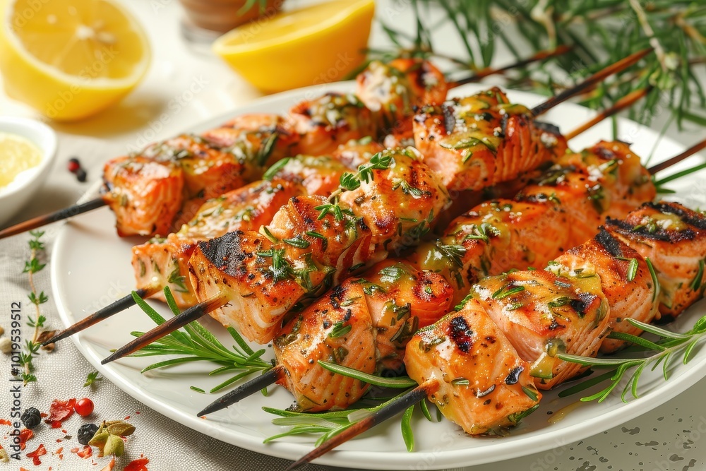 A plate of grilled salmon with lemon wedges and herbs A plate of grilled salmon with lemon wedges and herbs