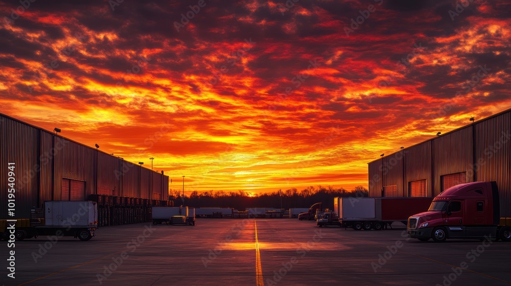 Obraz premium A vibrant sunset over a truck yard with warehouses, highlighting industrial scenery.