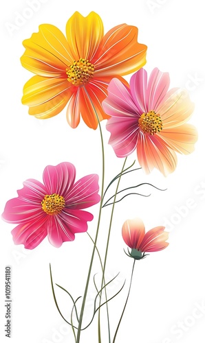 Cosmos flowers bouquet isolated on white background cutout. Colorful cosmos flowers.